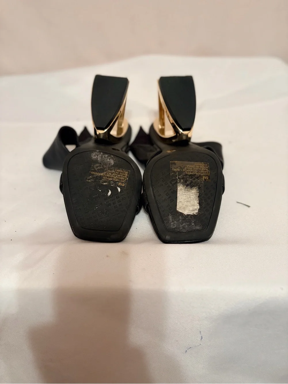 Gianni Bini Zeema unique gold architectural heels with black leather upper